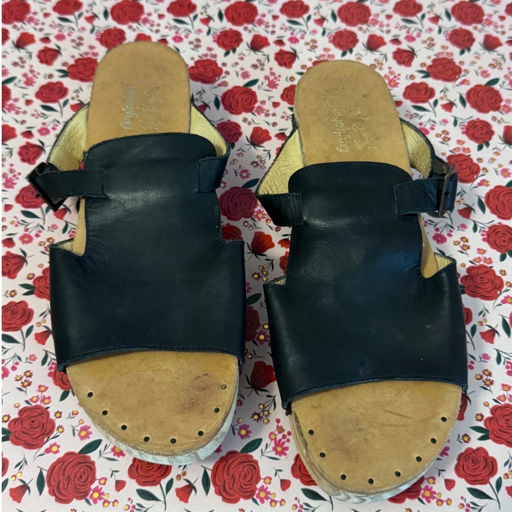 Farylrobin x Free People Dara Black Leather Wooden Platform Clogs Sandals 10 d3